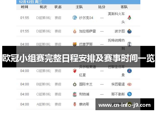 欧冠小组赛完整日程安排及赛事时间一览